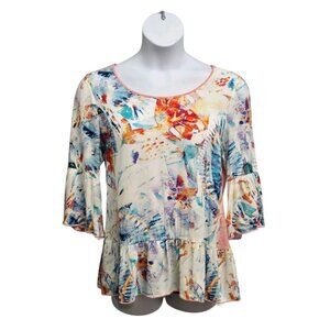 Soft Surroundings Yvette Top Womens Medium Bell Sleeve Blouse Ruffle Hem Casual